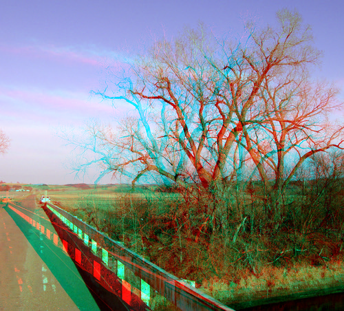 road bridge tree water car clouds rural creek river stereoscopic 3d spring farm branches rustic scenic anaglyph iowa vehicle redcyan 3dimages 3dphoto 3dphotos 3dpictures stereopicture