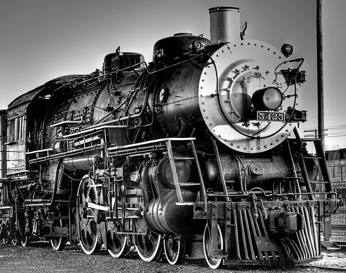 blackandwhite bw santafe train temple bill texas locomotive grayscale zuiko 2009 hdr atsf 3423 5xp 1454mmf2835 oriani photomatrixpro3 billoriani lightroom22
