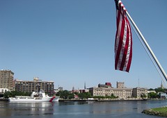 -The Wilmington waterfront with the Coast Guard boat and Federal Building