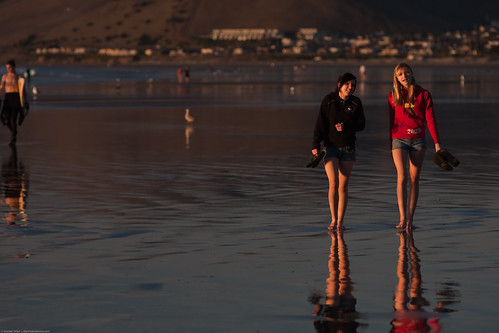 Two attractive young teen ladies strolling on the wet sand