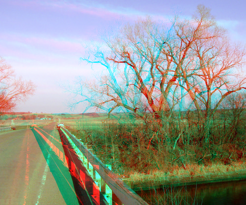 road bridge tree water car clouds rural river stereoscopic stereophoto 3d spring farm branches rustic scenic anaglyph iowa vehicle redcyan 3dimages 3dphoto 3dphotos 3dpictures