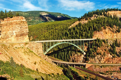 road railroad bridge trees cliff mountains forest scenery colorado redcliff unitedstates