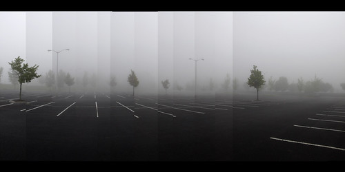 trees panorama copyright mist fog landscape parkinglot pavement empty eerie panoramic asphalt ghostly allrightsreserved lampposts zuikodigital1454 olympuse510 blackwhitescene ©daveelmore