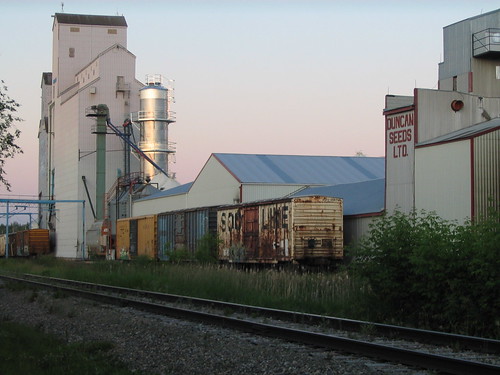 travel train dusk manitoba seeds siding freight grainelevator railcars morden