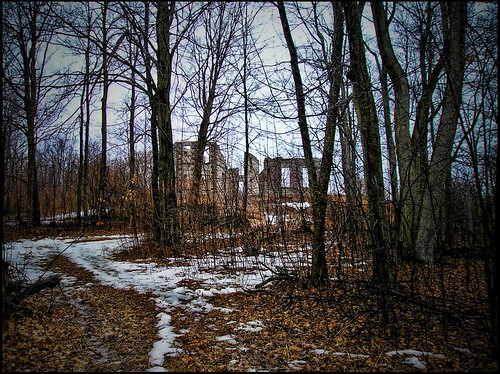 trees snow spring ruines