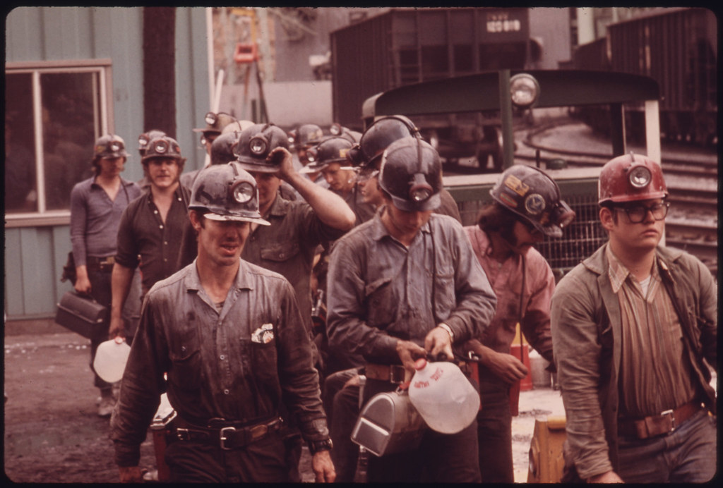 Miners Line Up to Go Into the Elevator Shaft at the Virginia-Pocahontas Coal Company Mine #4 near Richlands, Virginia 04/1974
