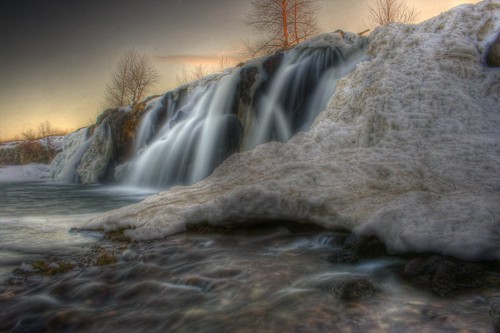 sunset snow river waterfall hdr