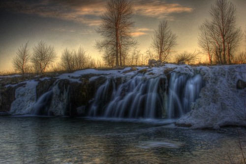 trees sunset snow waterfall ripples hdr