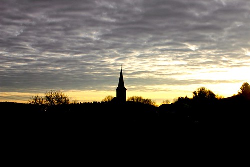 sunset sky black tower church yellow skyline landscape village german