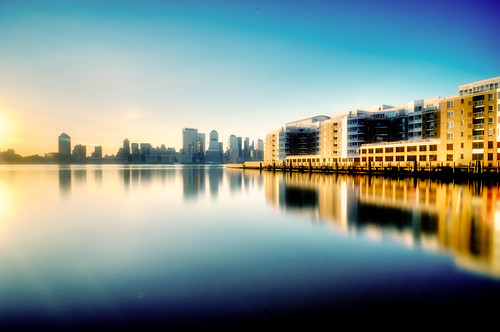 nyc newyorkcity newyork reflection skyline sunrise geotagged pier newjersey jerseycity apartments cityscape worldtradecenter hudsonriver hdr worldfinancialcenter mudpig stevekelley thepierapartments