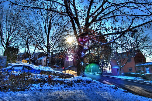 christmas street blue trees winter sunset house snow cold tree green car photoshop sunrise lens nikon glare shadows bright cs2 tripod covered flare nikkor snowfall c2 hdr photomatix d40 tonemapped d40x evad310 davedicello