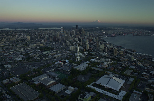 Aerial of Seattle Center and downtown at sunset, 2000