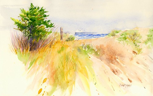 fall fog watercolor painting landscape paradise michigan whitefishbay upperpeninsula whitefishpoint orecarrier edmundfitzgerald orefreighter wpbo