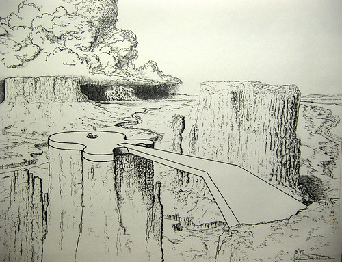 bridge pen ink sketch desert guitar drawing badlands mesas ballpoint penink