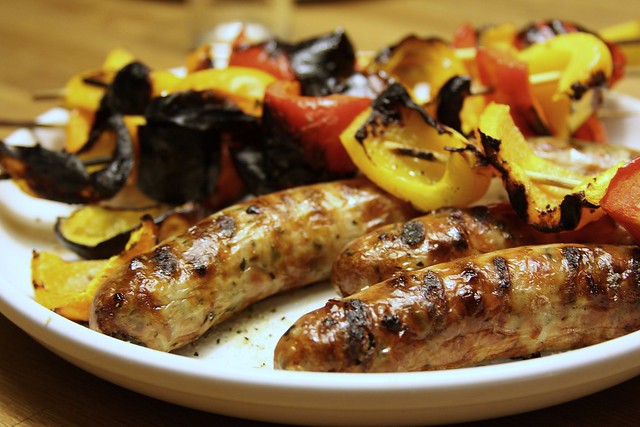 grilled sausage with bell pepper skewers