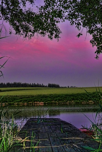 wood sunset sky water clouds forest pier pond purple