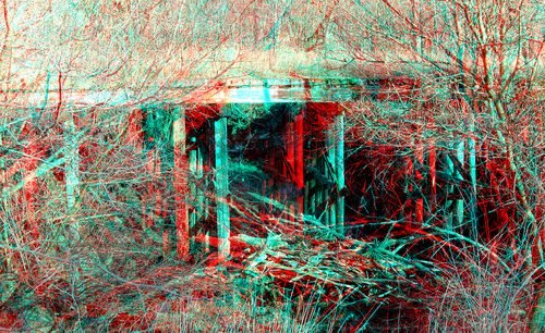 old railroad bridge wild tree train stereoscopic stereophoto 3d weed branches rustic anaglyph iowa tressel redcyan 3dimages 3dphoto 3dphotos 3dpictures