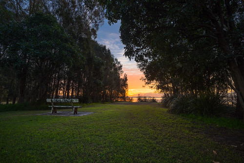 long jetty nsw park seat timber tuggerah lake sunset lawn grass trees colour wide angle