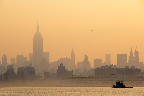 nyc newyorkcity newyork building bird skyline sunrise river geotagged dawn jerseycity seagull esb tugboat empirestate hudson mudpig stevekelley