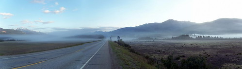morning blue panorama mountain canada color colour tree fog dawn highway bc pavement britishcolumbia 2009 2000s highway5 valemount canadagood