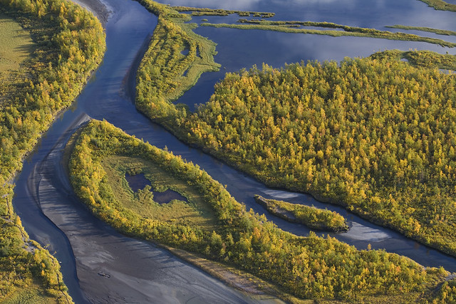 Aerial view over Laitaure delta, Sarek National Park, Laponia World Heritage Site, Sweden