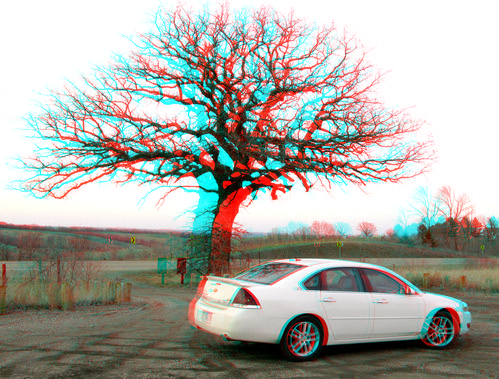 house tree car rural stereoscopic stereophoto 3d spring farm rustic anaglyph iowa structure vehicle redcyan 3dimages 3dphoto 3dphotos 3dpictures