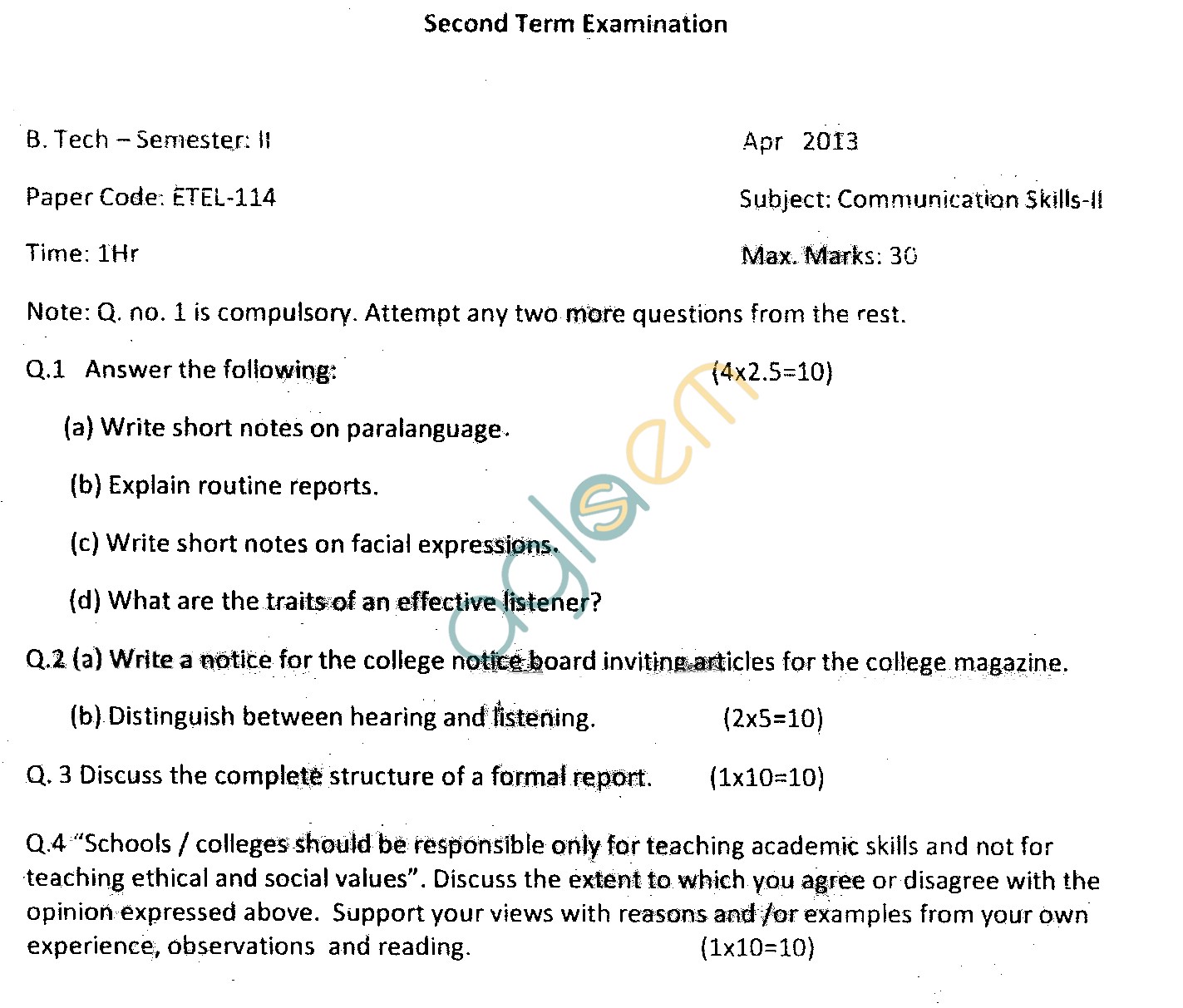 GGSIPU Question Papers Second Semester – Second Term 2013 – ETEL-114