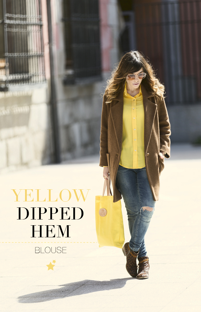 street style barbara crespo yellow dipped hem blouse sheinside sheinsider coat fashion blogger outfit blog de moda