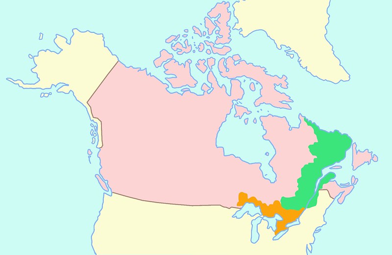 Map of Province of Canada; Lower Canada is shown in green, and Upper Canada is shown in orange