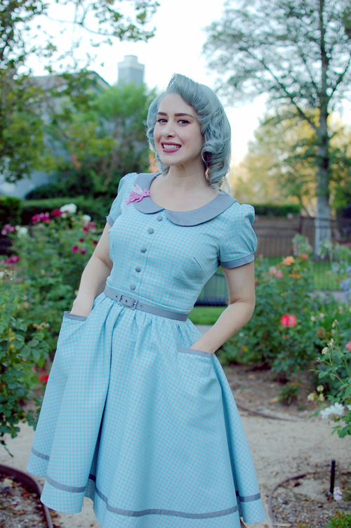 Pinup Girl Clothing Dee Dee Dress in Grey and Baby Blue Gingham