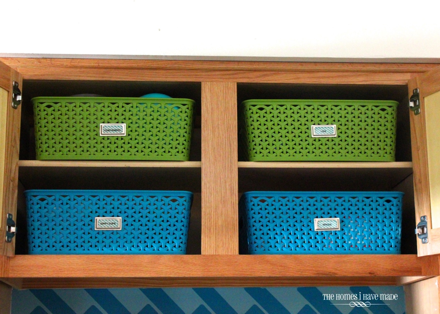 Green and Blue baskets inside Little Upper Cabinets