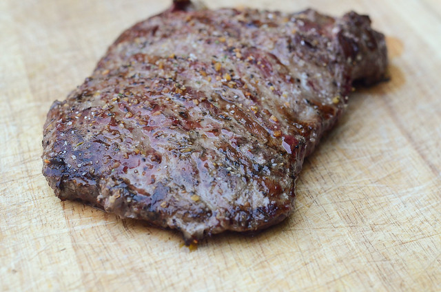 The bison flank steak after it has been finished girlling.