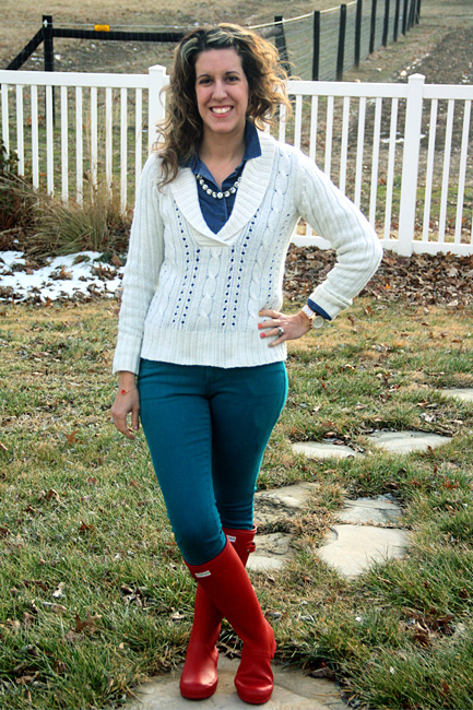 Fashion Post: Chambray, Teal Skinnies and Red Hunter Boots ...