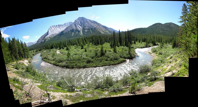 Crazy-looking stitched panorama from a video clip of the Cascade River