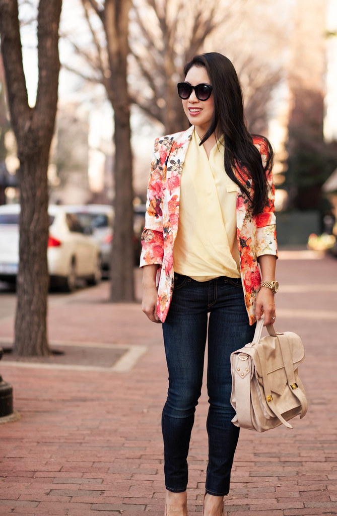 cute & little blog | petite fashion | spring floral yellow outfit | floral blazer, yellow surplice top, skinny jeans, nude pumps