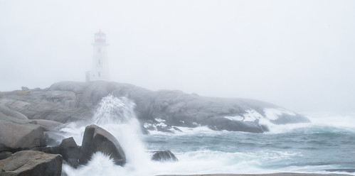 peggyscove novascotia atlantic ocean fog lighthouse rock waves spray gray grey pentaxk1 pentax2470mm moody maritime landscape panorama