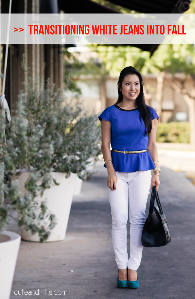 cobalt peplum top, white jeans, teal suede pumps, outfit #ootd
