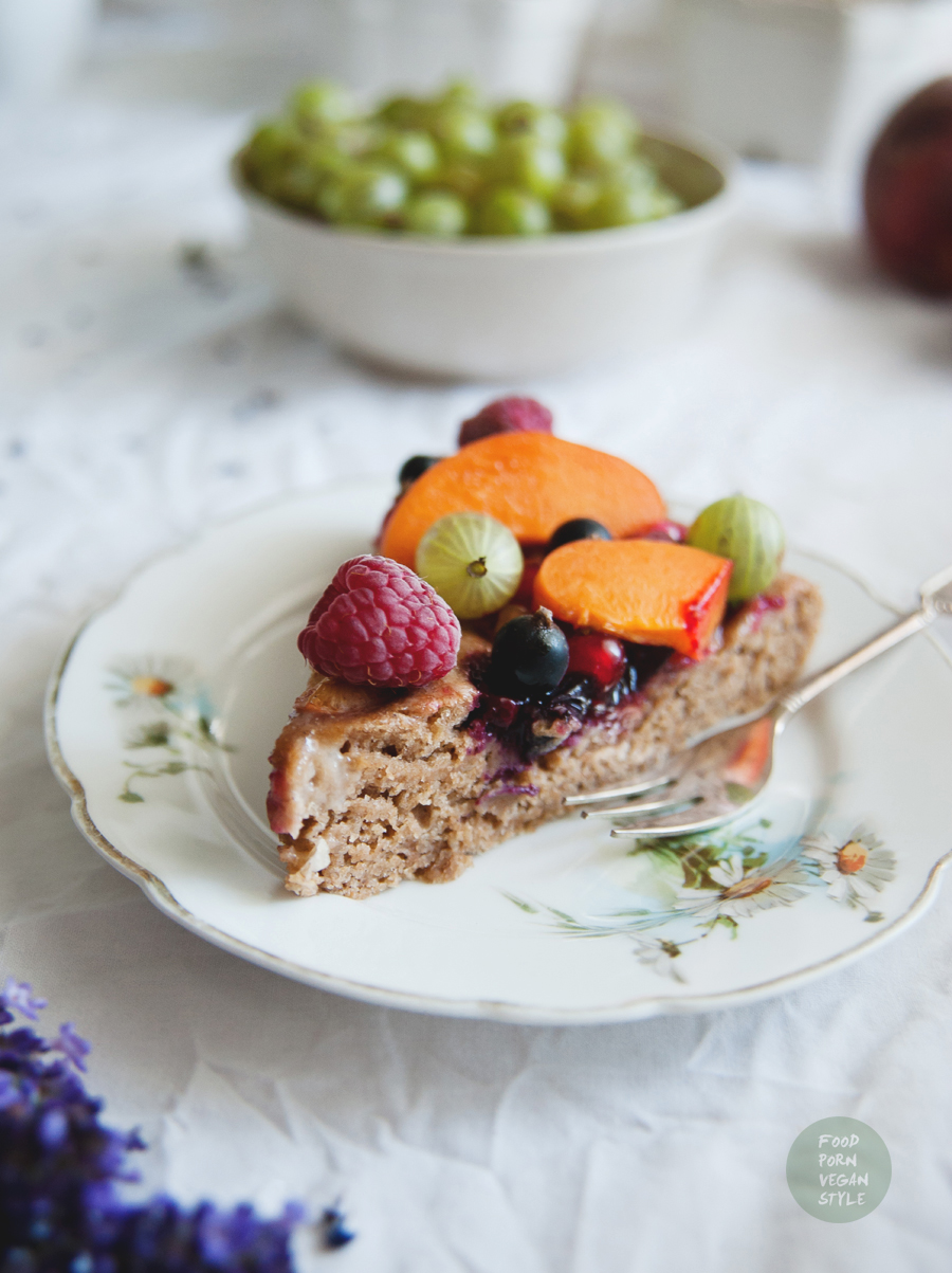 Vegan yoghurt cake with summer fruits and lavender icing