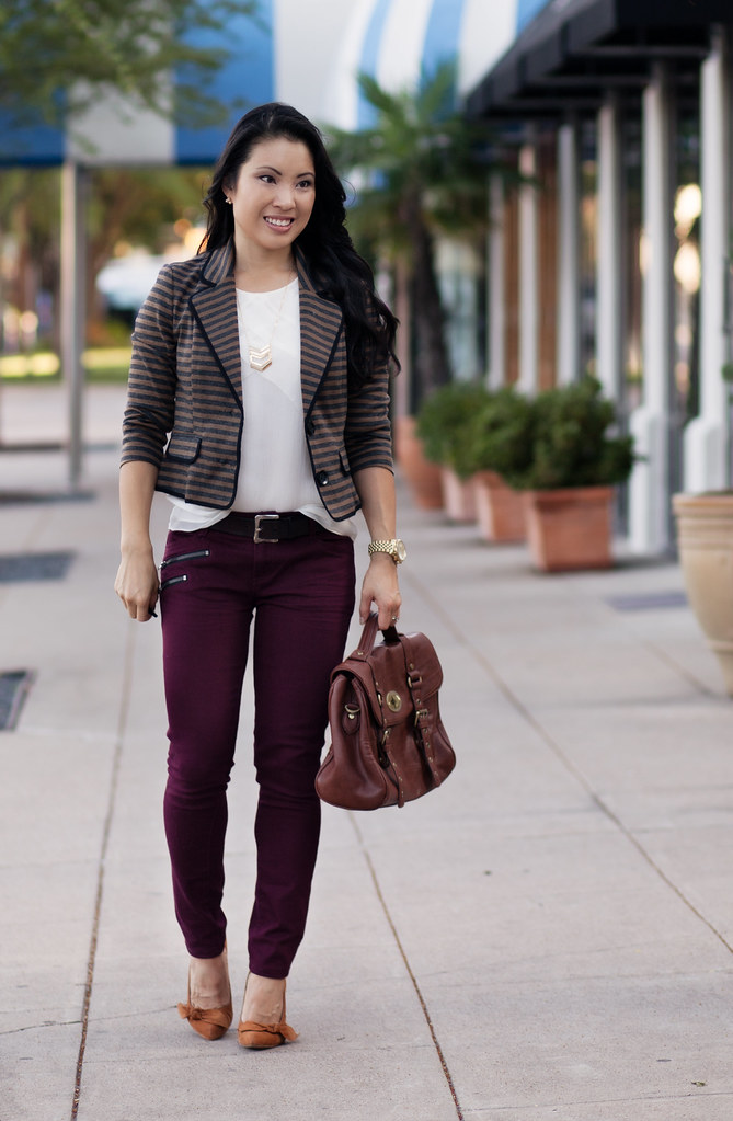 striped blazer, burgundy jeans, chevron necklace, sole society elisa pumps outfit #ootd