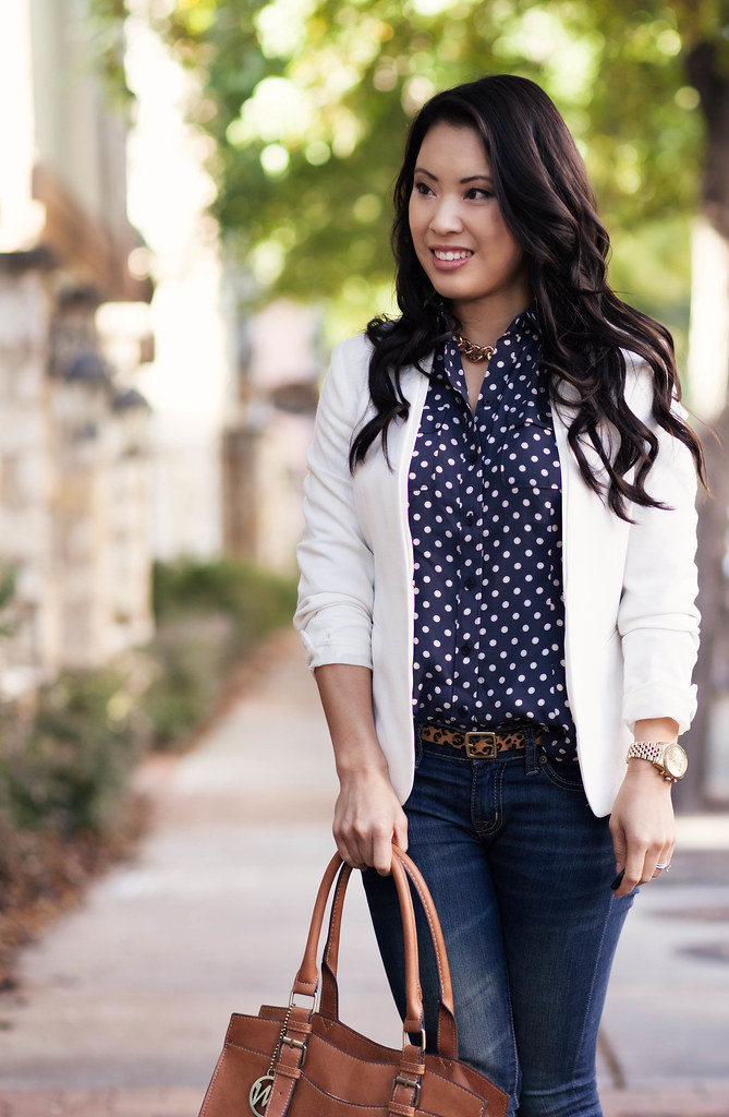 cute & little blog | white blazer, navy polka dots, gold chain necklace, outfit #ootd, petite fashion