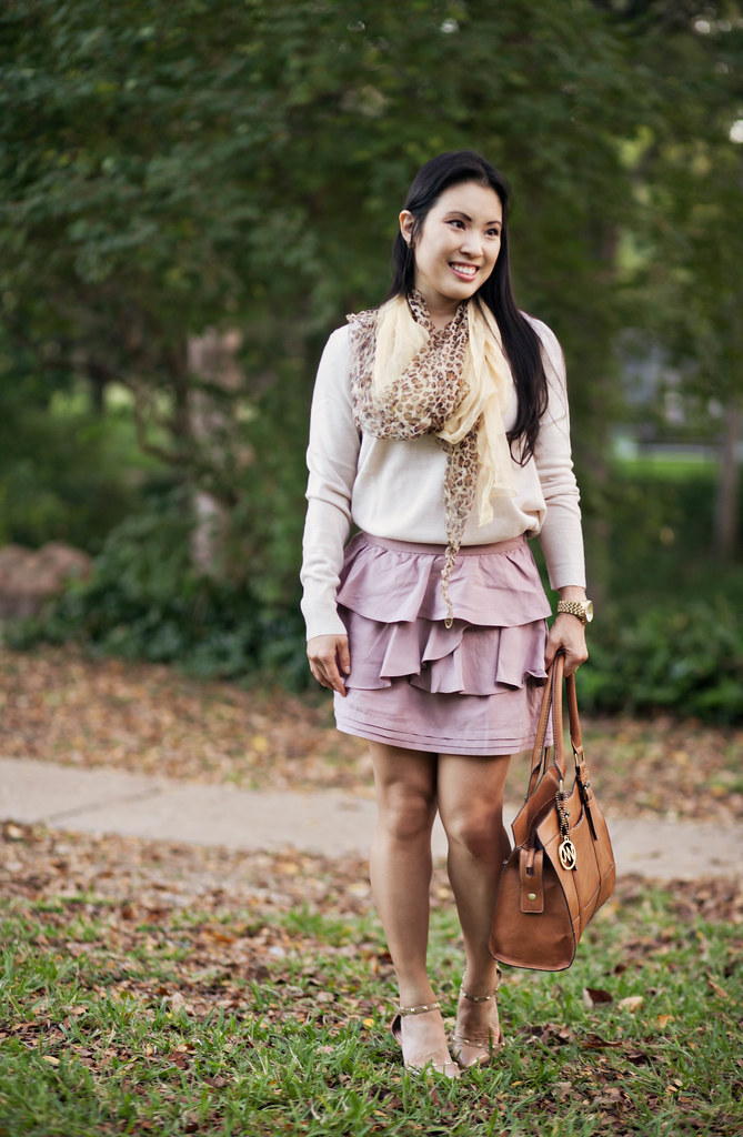 cute & little blog | leopard scarf, pink ruffle skirt, nude studded heels outfit
