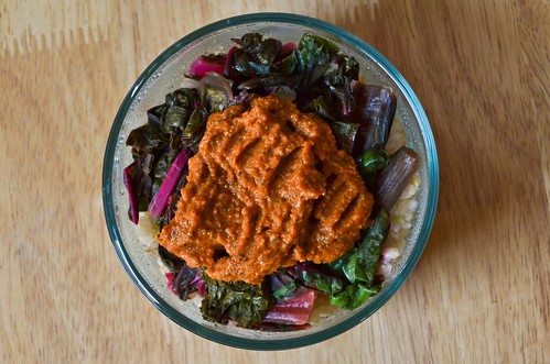 Brown Rice Bowl with Chard and Romesco Sauce