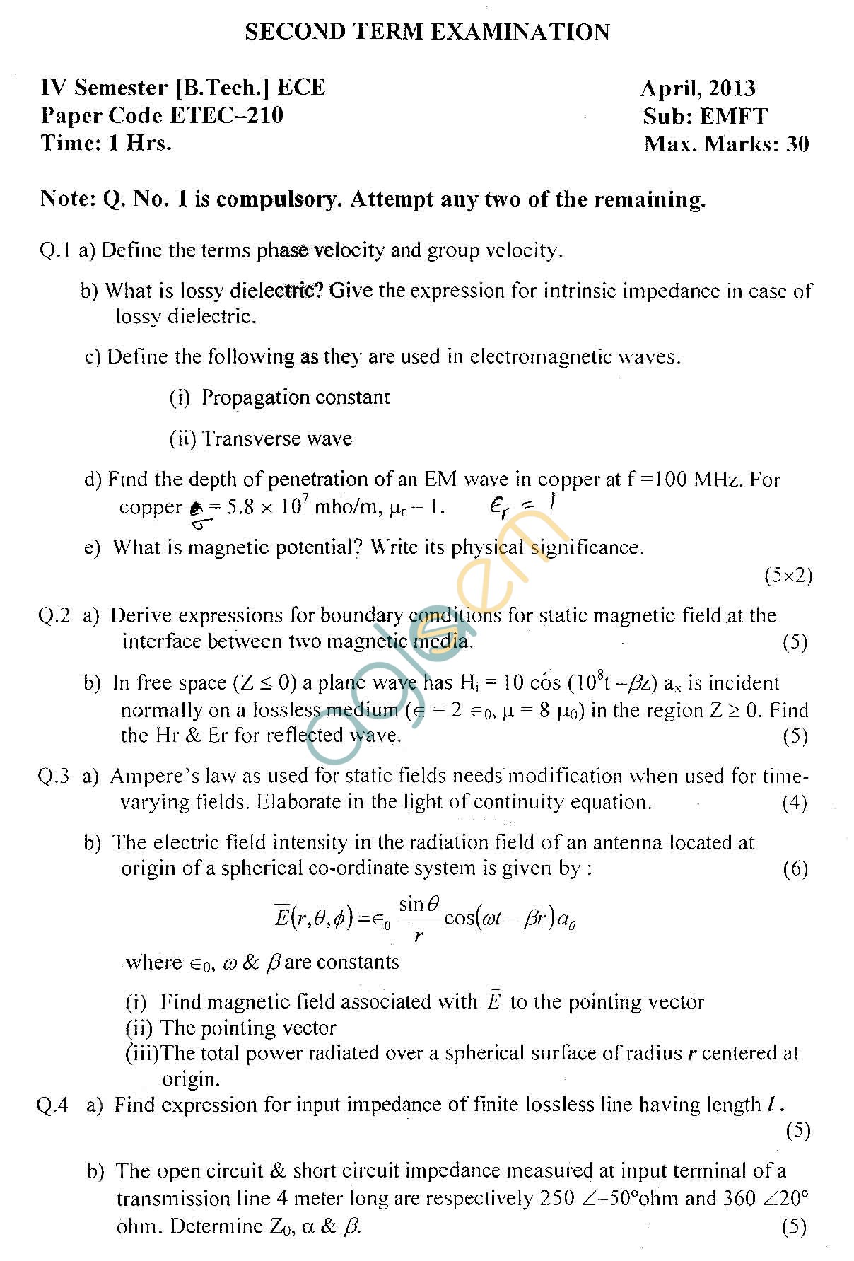 GGSIPU Question Papers Fourth Semester  Second Term 2013  ETEC-210