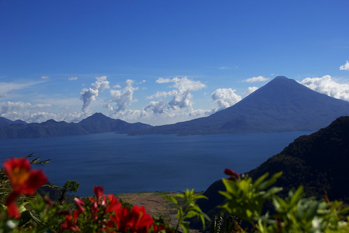 travel flowers blue lake nature volcano view guatemala