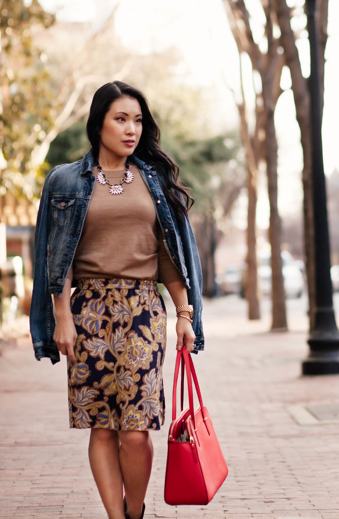 cute & little blog | petite fashion | spring paisley denim layering | jean jacket, paisley skirt, ankle booties, statement necklace, kate spade red elissa bag outfit