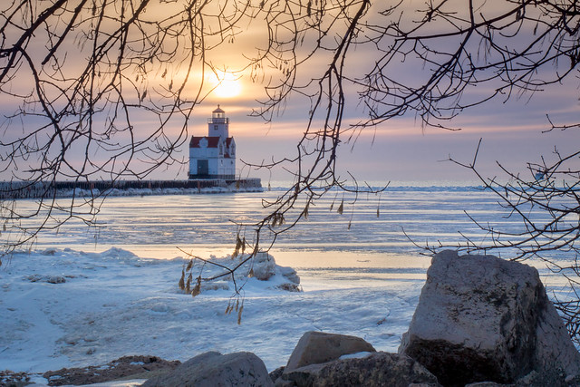 Lighthouse, Sunrise, Sunset, Winter, Frozen, Cold, Branches, Rocks, Lake Michigan, Kewaunee