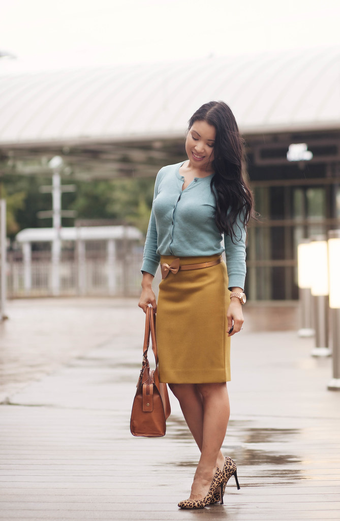 cute & little blog | mint cardigan, mustard pencil skirt, leopard pumps, emilie m jane satchel outfit #ootd, petite fashion