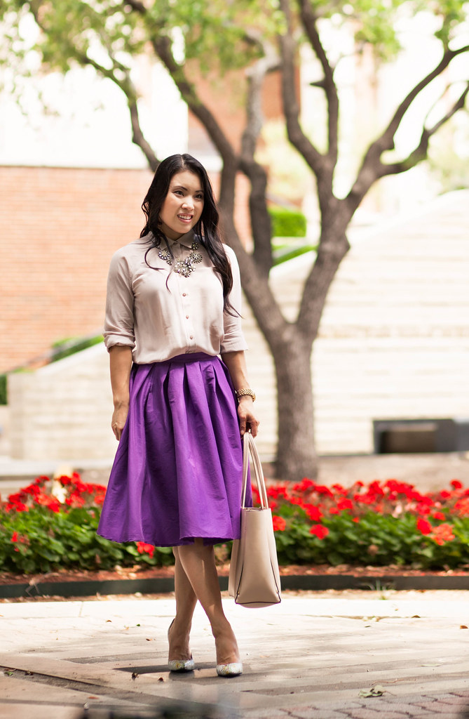 cute & little blog | petite fashion | everlane dusk collar blouse, chicwish purple midi skirt, shoes of prey floral pumps, crystal statement necklace | spring outfit
