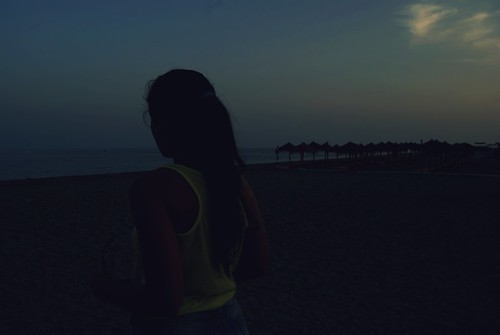 blue sunset shadow sea summer sky beach girl night clouds dark hair landscape back spain sand calm andalucia almeria