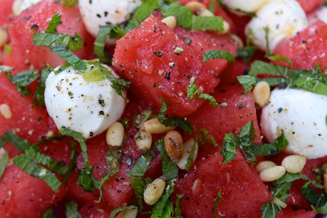 Watermelon & Mozzarella Salad with Fresh Mint & Toasted Pine Nuts
